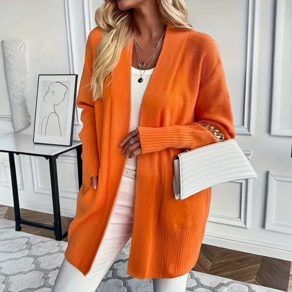 Sweaters - Knit Cardigan Long Sleeve Pockets Open Front Orange